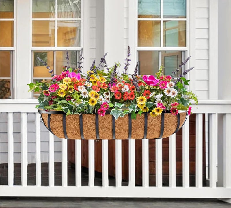 YM 30 Inch Window Deck with Coco Liner, 30" Window Boxes Horse Trough with Coconut Coir Liner, Fence Metal Hanging Flower Planter Window Basket Deck Railing Planter Boxes for Outdoor Garden Lawn, 2pcs - Image 5